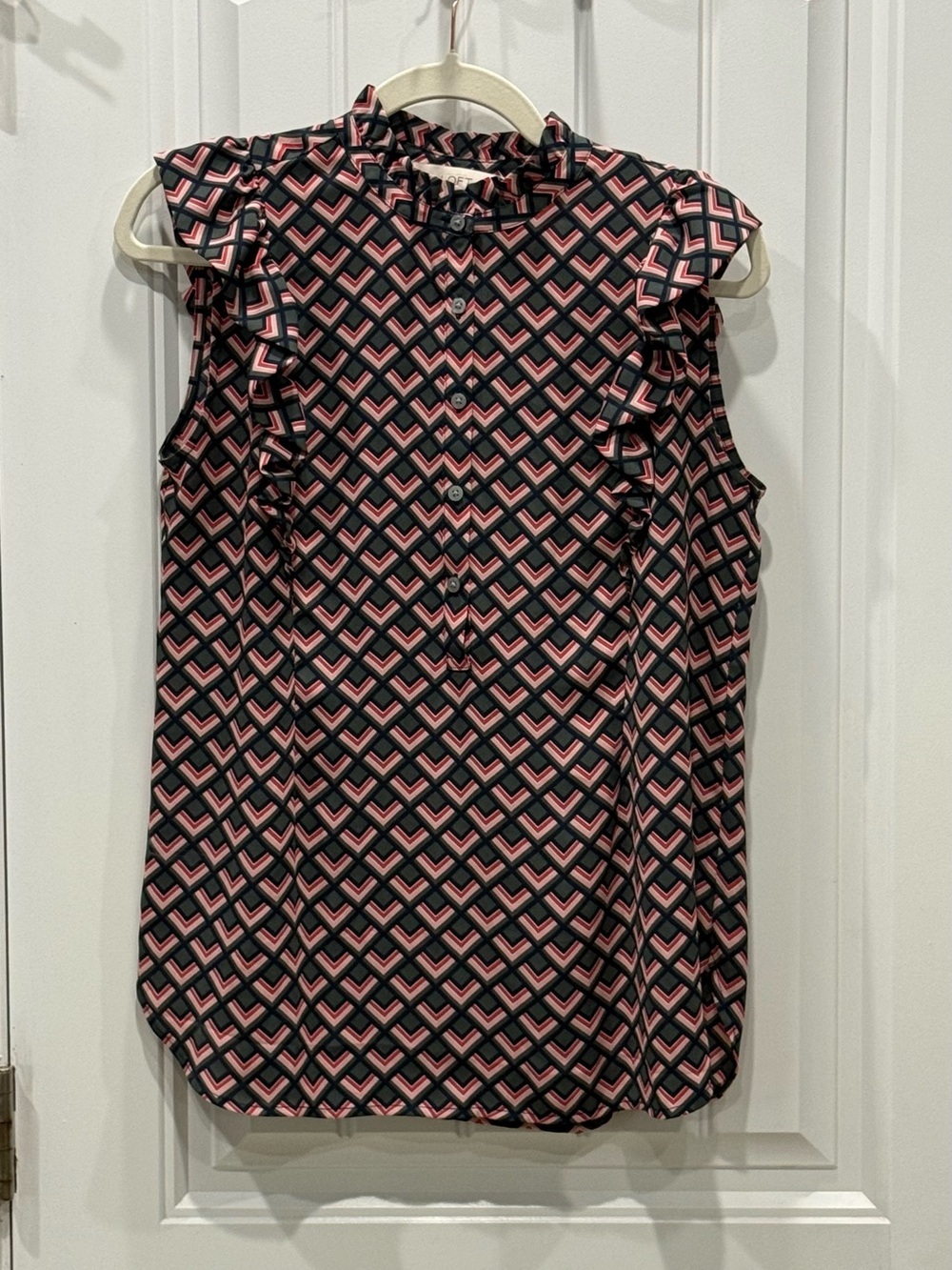 Ann Taylor LOFT Women’s Size Large Geometric Print Ruffle Sleeve Blouse EUC